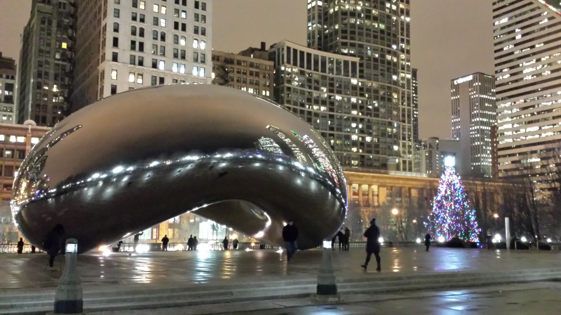 Cloud Gate with lighted Christmas Tree Millennium Park Chicago